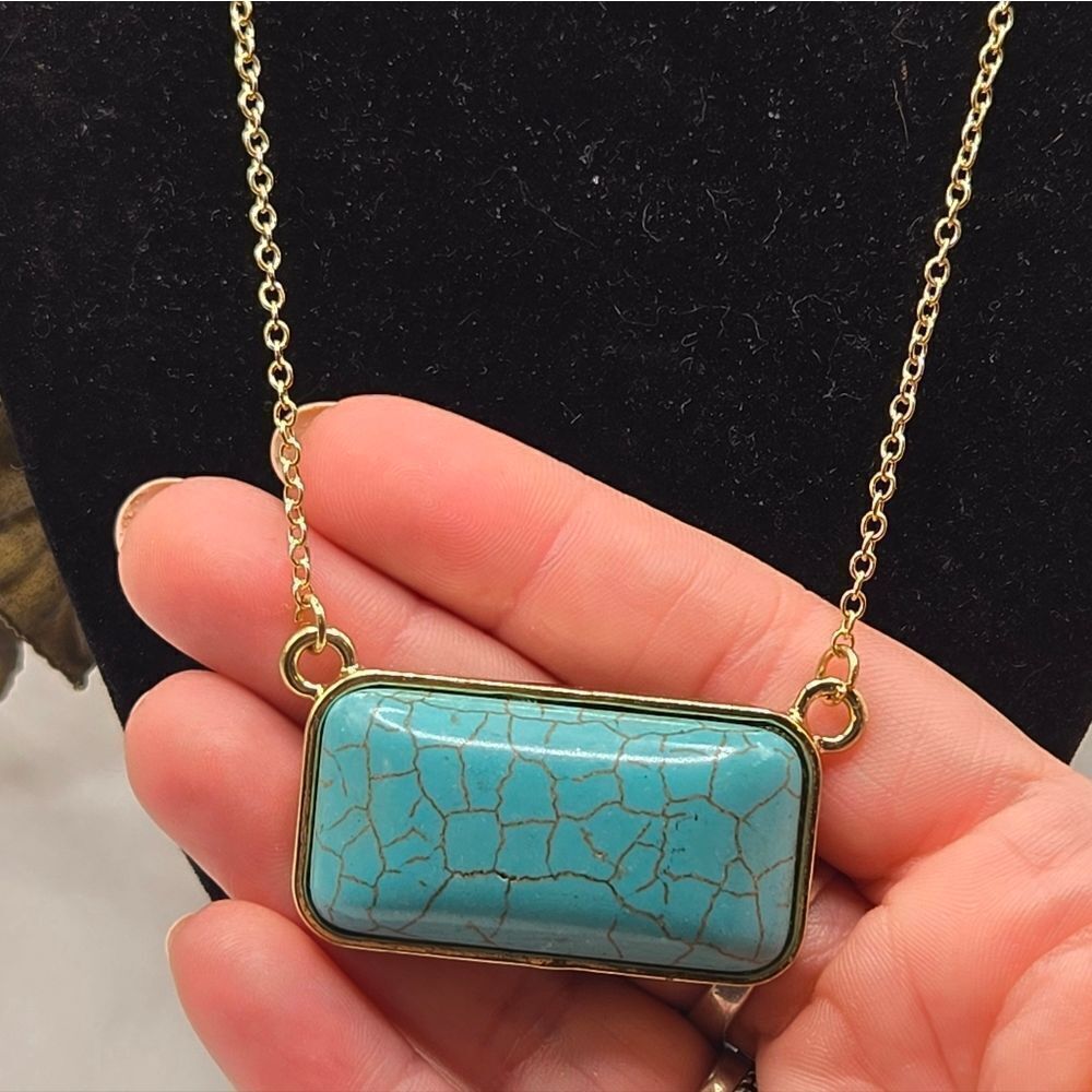 "5/$25" Goldtone Faux Turquoise Necklace & Mismatched Feather Dange Earrings - Picture 2 of 11